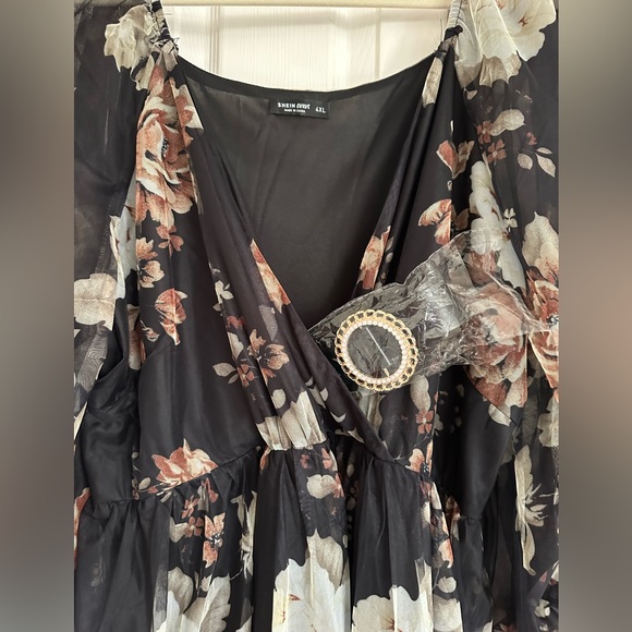 Plus Random Floral Print Overlap Collar Bishop Sleeve Belted Mesh Dress - Picture 13 of 14